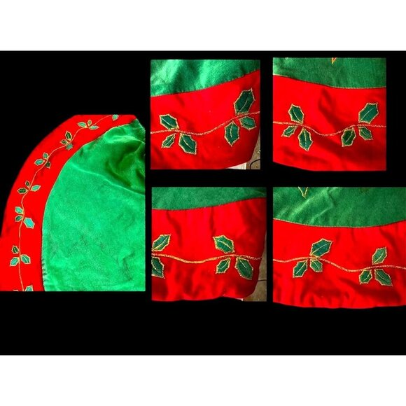 VTG Poinsettia Christmas Tree Skirt Red Green Holly Embroidered Flower L… - Picture 9 of 12